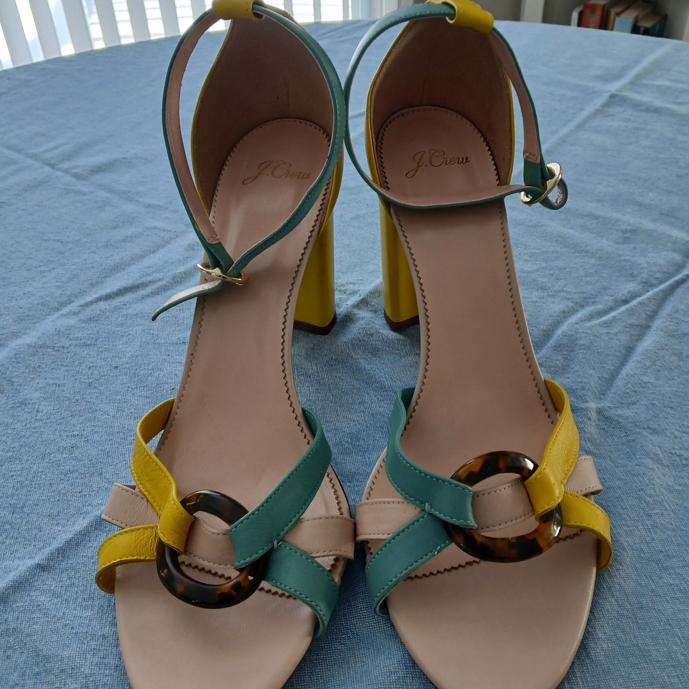 J. Crew Teal, Yellow, and Cream Strappy Heels - Picture 2 of 4